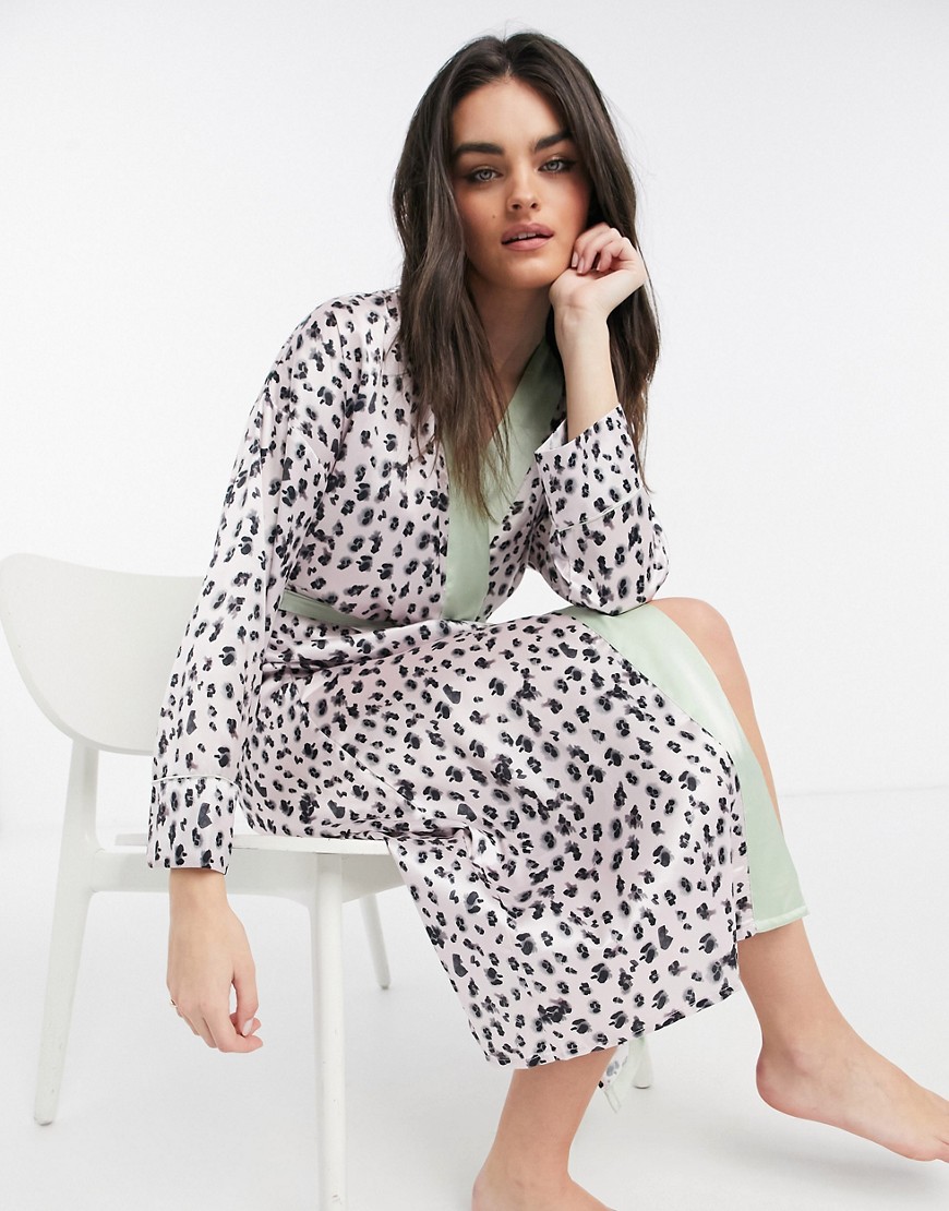 Liquorish sleepwear long robe in mono leopard with sage trim-Multi