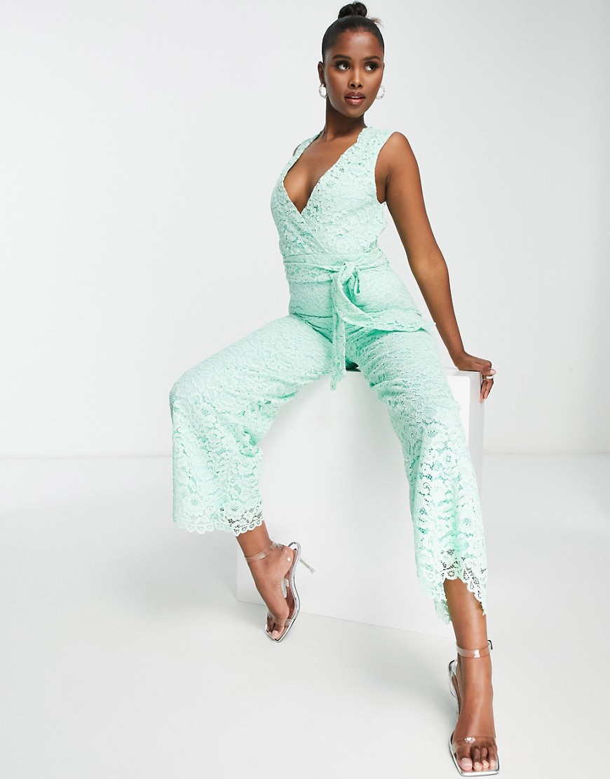 Liquorish sleeveless lace jumpsuit with waist tie in mint-Green