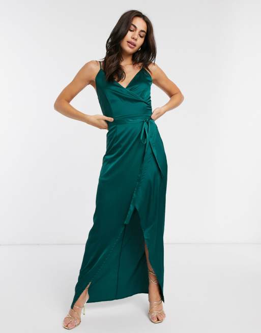 Liquorish Slip Dress With Tie Waist In Forest Green Asos