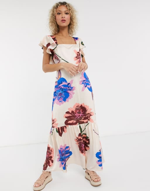 Liquorish square neck ruffle shoulder smock maxi dress in oversized bloom