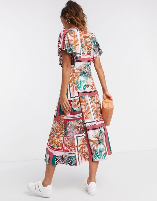Liquorish – Sukienka midi z krótkim rękawem z nadrukiem tropikalnym | ASOS