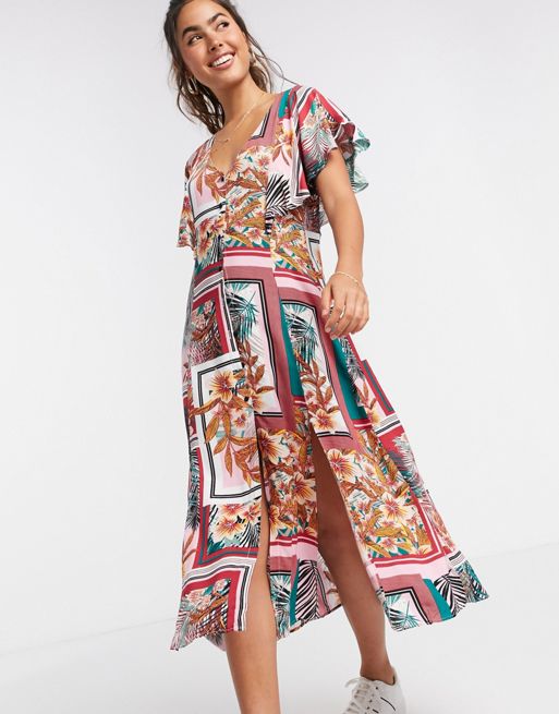 Liquorish – Sukienka midi z krótkim rękawem z nadrukiem tropikalnym | ASOS