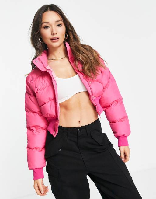 Liquorish super cropped puffer jacket in bright pink