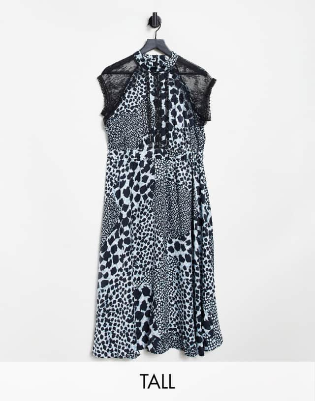 Liquorish Tall a line midi dress in lace black animal print