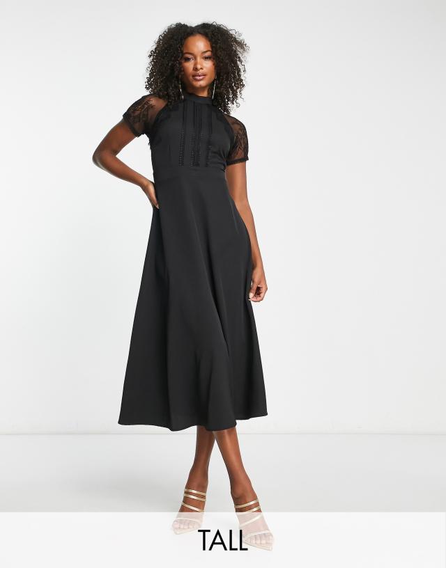 Liquorish Tall a line midi dress in lace black