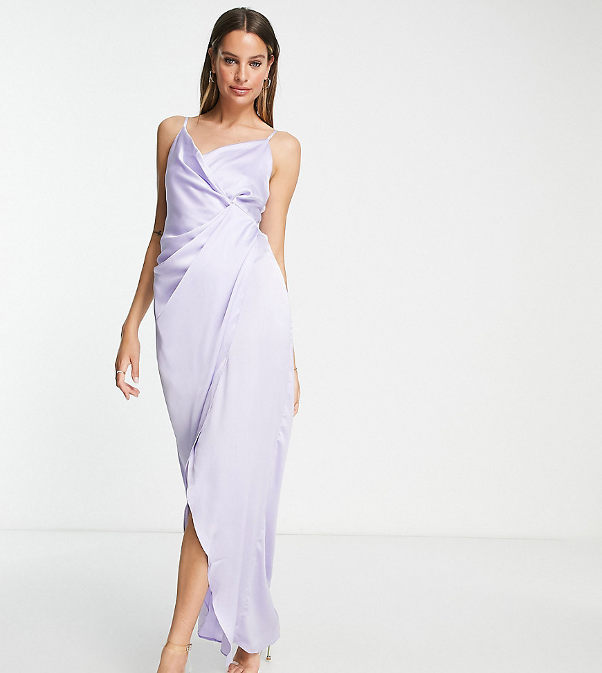Liquorish Tall Bridesmaid cami strap satin wrap maxi dress in lilac-Blue