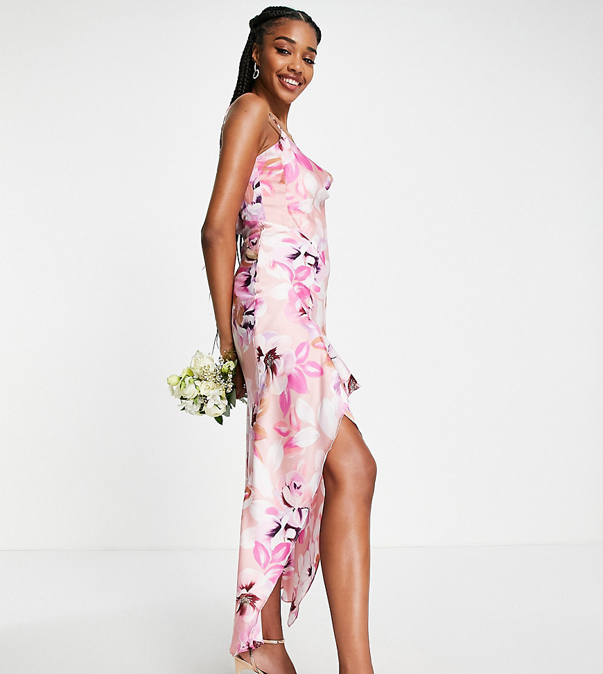Liquorish Tall Bridesmaid editorial satin slip dress with frill detail in pastel floral-Multi