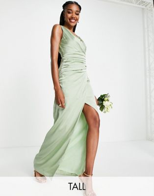 Liquorish Tall Bridesmaid satin wrap front maxi dress in fresh sage green - ASOS Price Checker