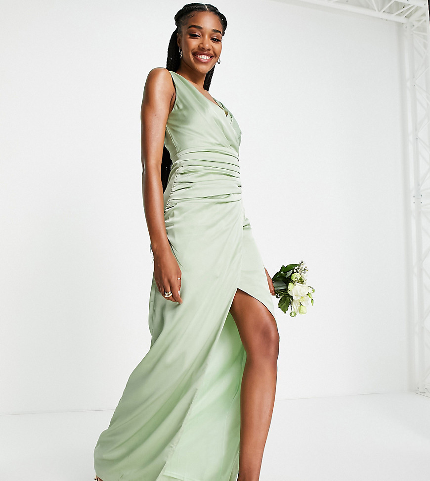 Liquorish Tall Bridesmaid satin wrap front maxi dress in fresh sage green