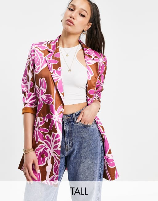 Liquorish Tall satin blazer in abstract floral print - part of a set