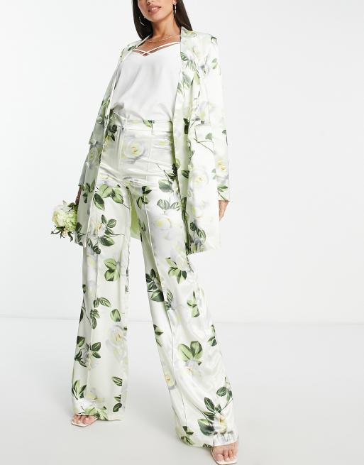 Liquorish Tall satin tailored pants with white rose print in green - part  of a set