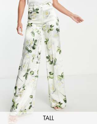 Liquorish Tall Liquorish Tall satin tailored trouser co-ord with white rose print in green-Multi