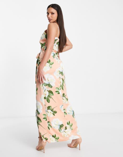 Liquorish Tall satin wrap maxi dress with belt in peach rose print