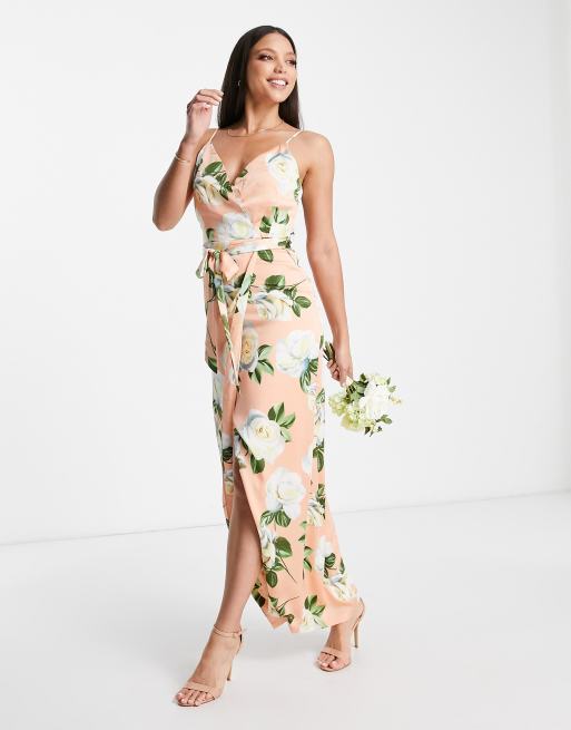 Liquorish Tall satin wrap maxi dress with belt in peach rose print