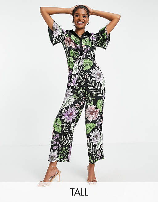 Liquorish Tall shirt jumpsuit in tropical floral print