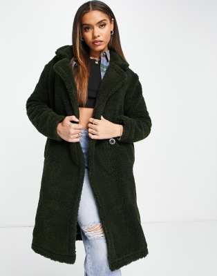 Liquorish teddy coat in khaki green | ASOS