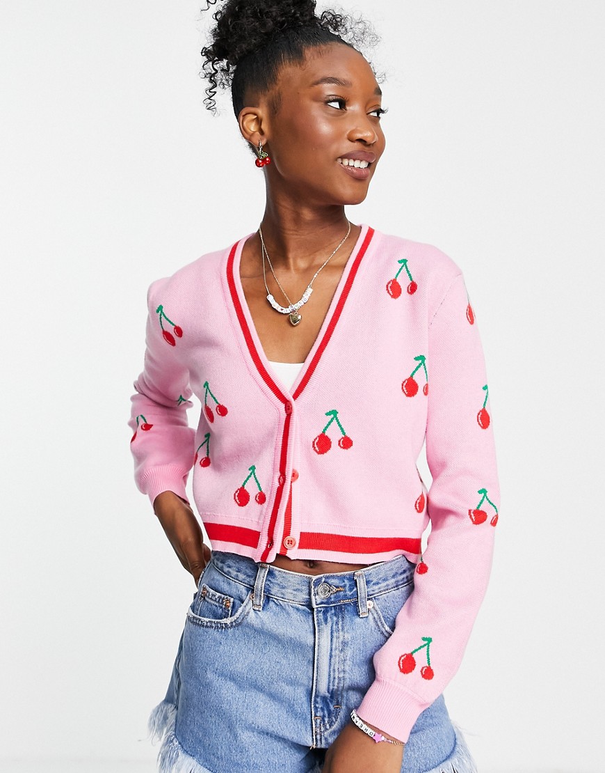 Liquorish V neck knitted cardi with cherry embroidery in pink and red