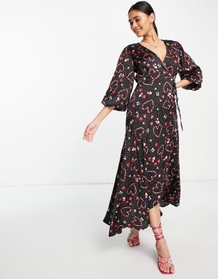Liquorish Liquorish Valentines exclusive midi wrap dress in black heart print