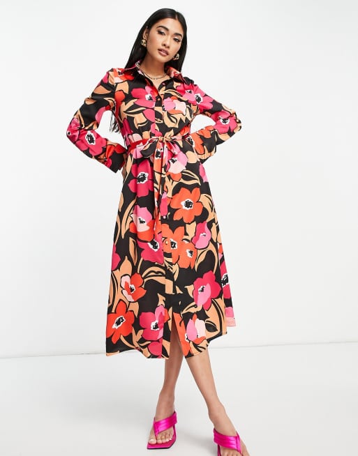 Liquorish - Vestito camicia midi con stampa a fiori, colore nero