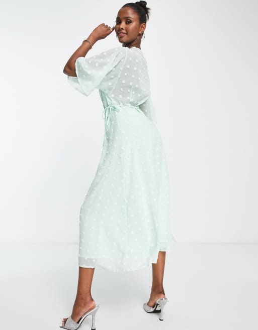 Liquorish - Vestito lungo a portafoglio verde menta con maniche a kimono, 2 di 4