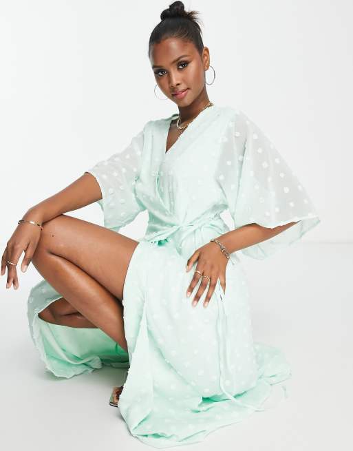 Liquorish - Vestito lungo a portafoglio verde menta con maniche a kimono, 3 di 4