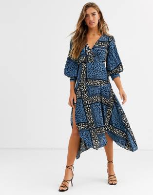 Liquorish - Vestito midi a portafoglio con fondo a fazzoletto e stampa animalier mista