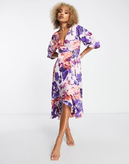 Liquorish - Vestito midi avvolgente in raso con stampa a fiori oversize e maniche a sbuffo