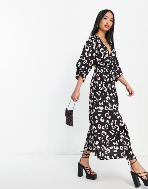 Liquorish - Vestito midi avvolgente nero con stampa animalier, 3 di 4