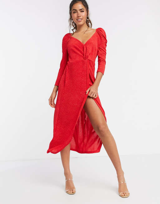 Liquorish - Vestito midi rosso con maniche a sbuffo