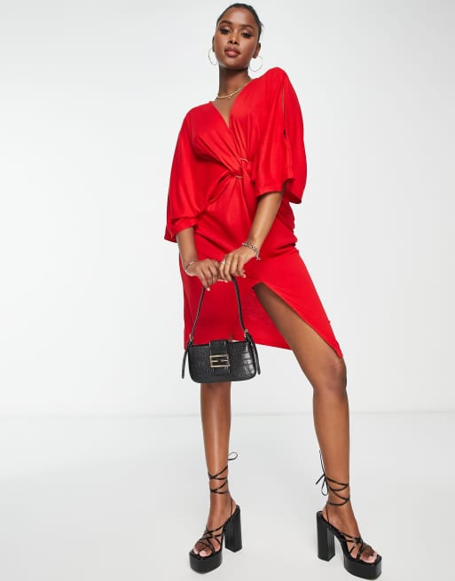 Liquorish - Vestito midi rosso con nodo e maniche a kimono