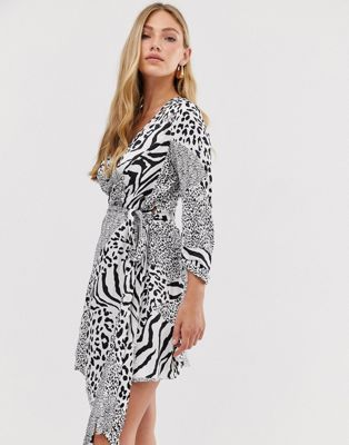 black and white leopard print wrap dress
