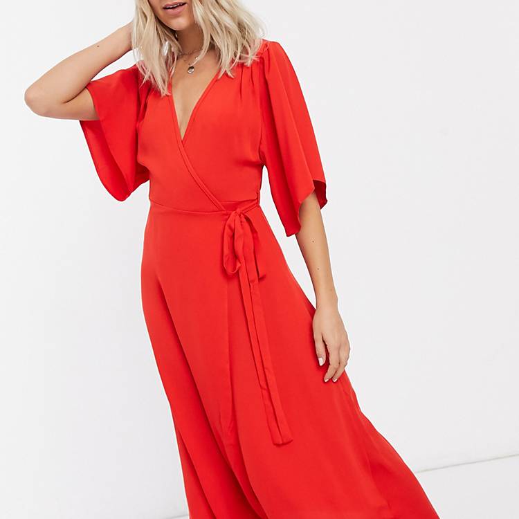 ASOS DESIGN Tall Satin Wrap Midi Dress With Flutter Sleeve And Tie ...