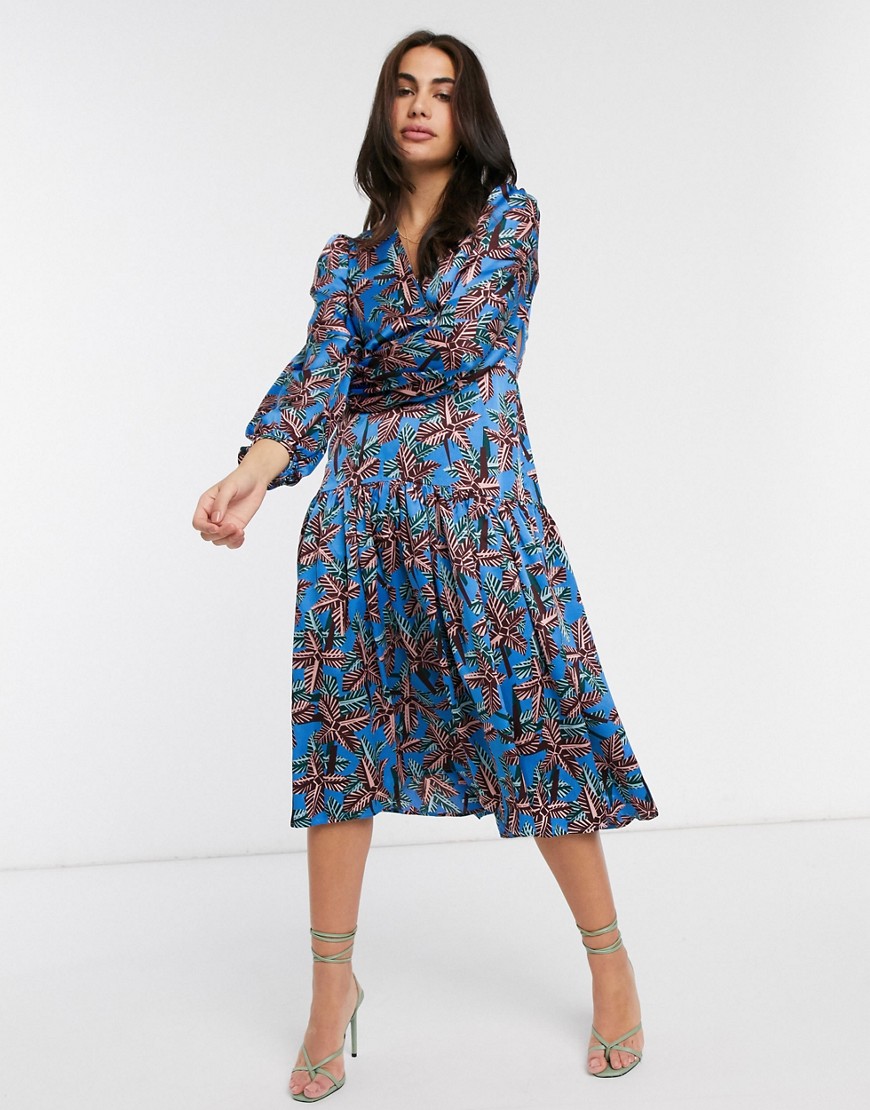 Liquorish wrap dress with balloon sleeves in floral blue print
