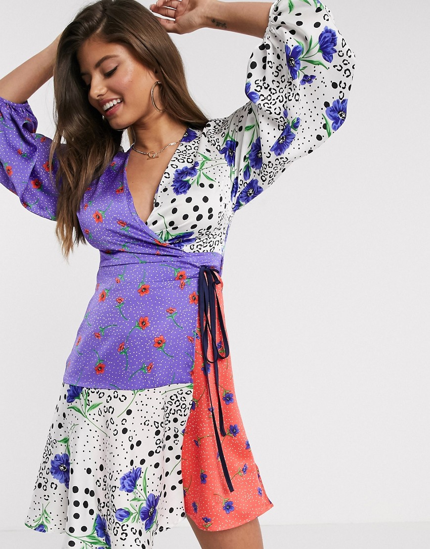 Liquorish wrap dress with balloon sleeves in mixed floral print-Multi