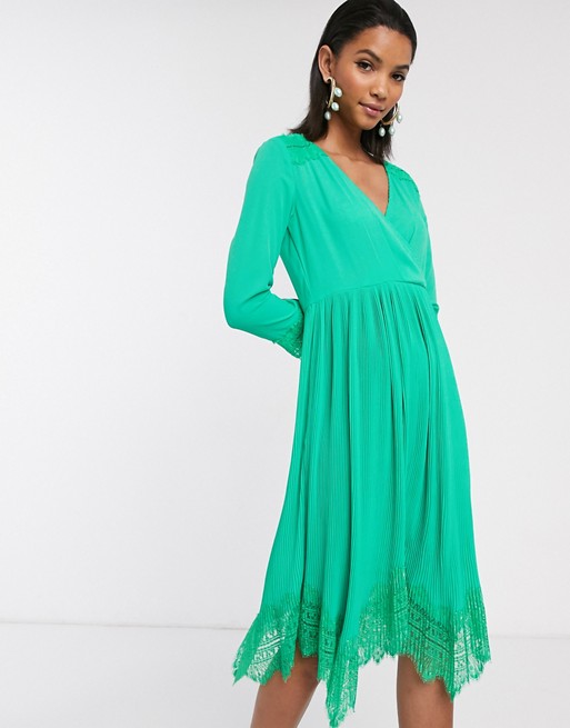 Liquorish wrap dress with pleated skirt and lace hem in green