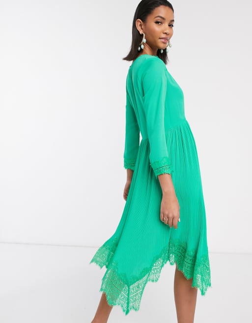 Green pleated skirt dress lace sale