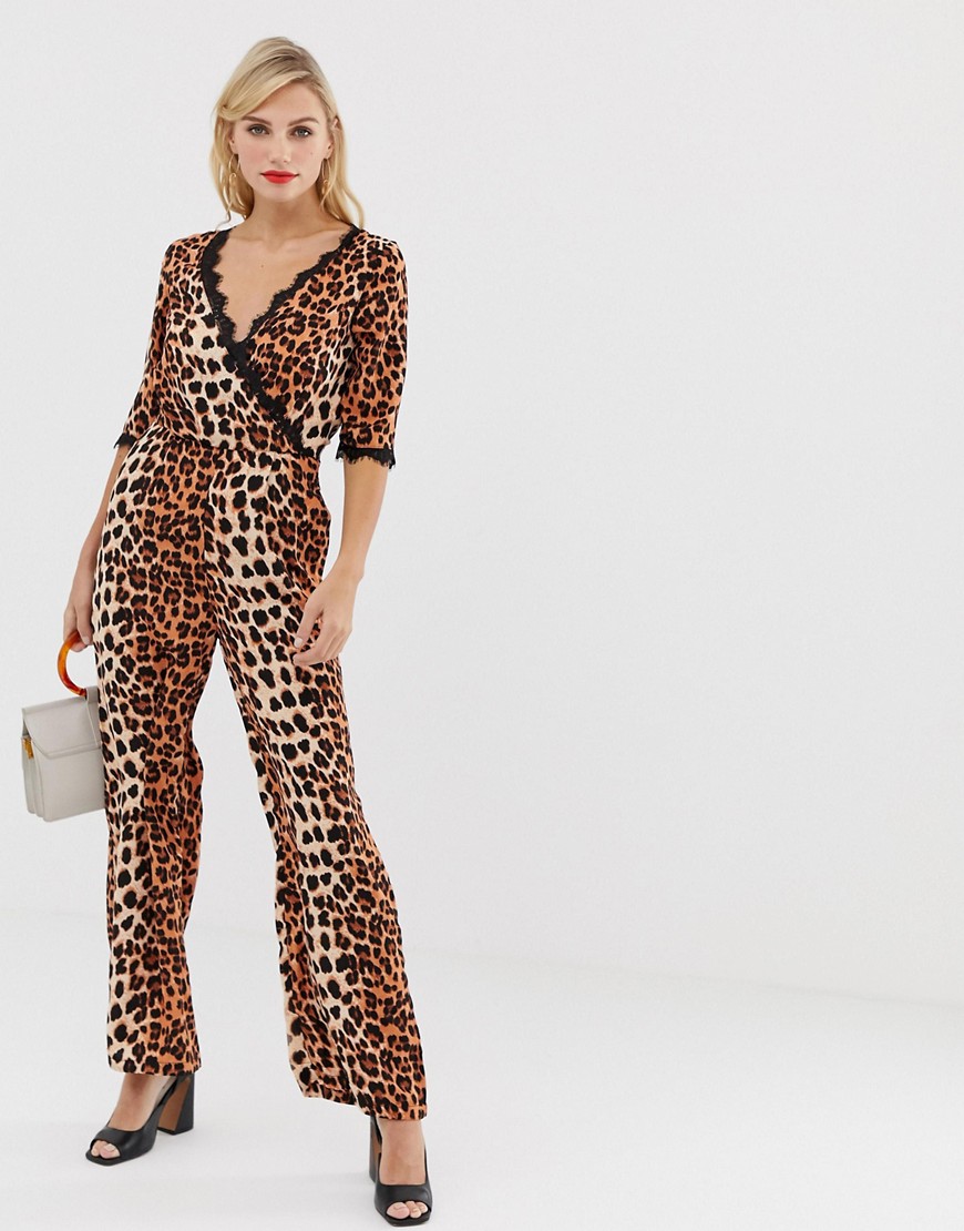 Liquorish wrap front jumpsuit in leopard print with lace trim sleeve detail-Multi