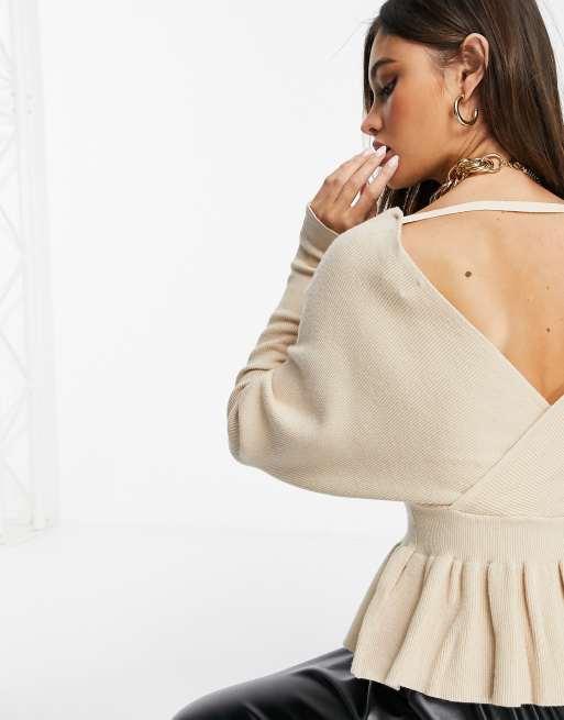Liquorish wrap front knitted top with frill in oatmeal, 2 of 4