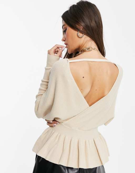 Liquorish wrap front knitted top with frill in oatmeal, 3 of 4