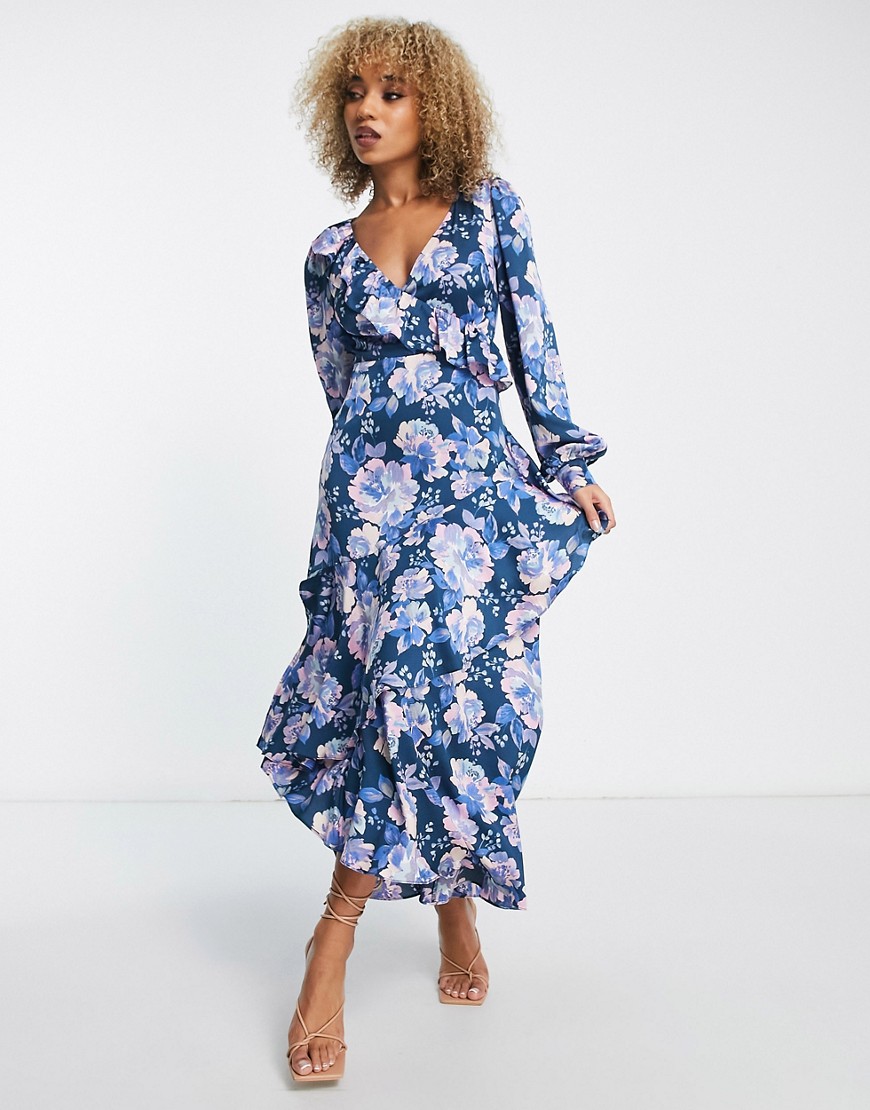 Liquorish wrap front maxi dress with frill detail in dark green floral