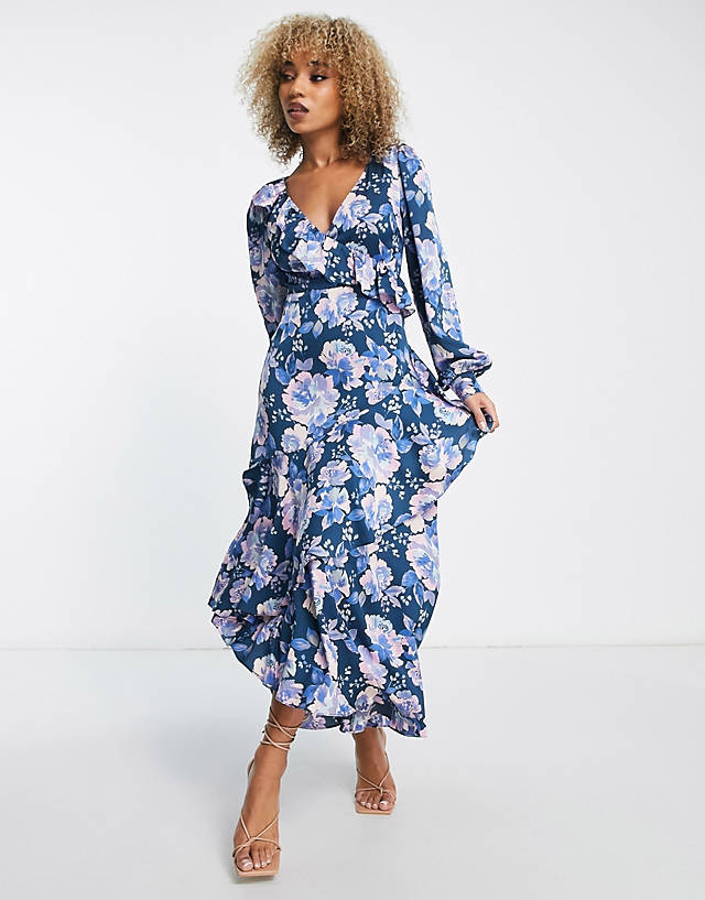 Liquorish - wrap front maxi dress with frill detail in dark green floral