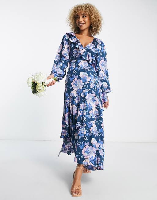 Liquorish wrap front maxi dress with frill detail in dark green floral