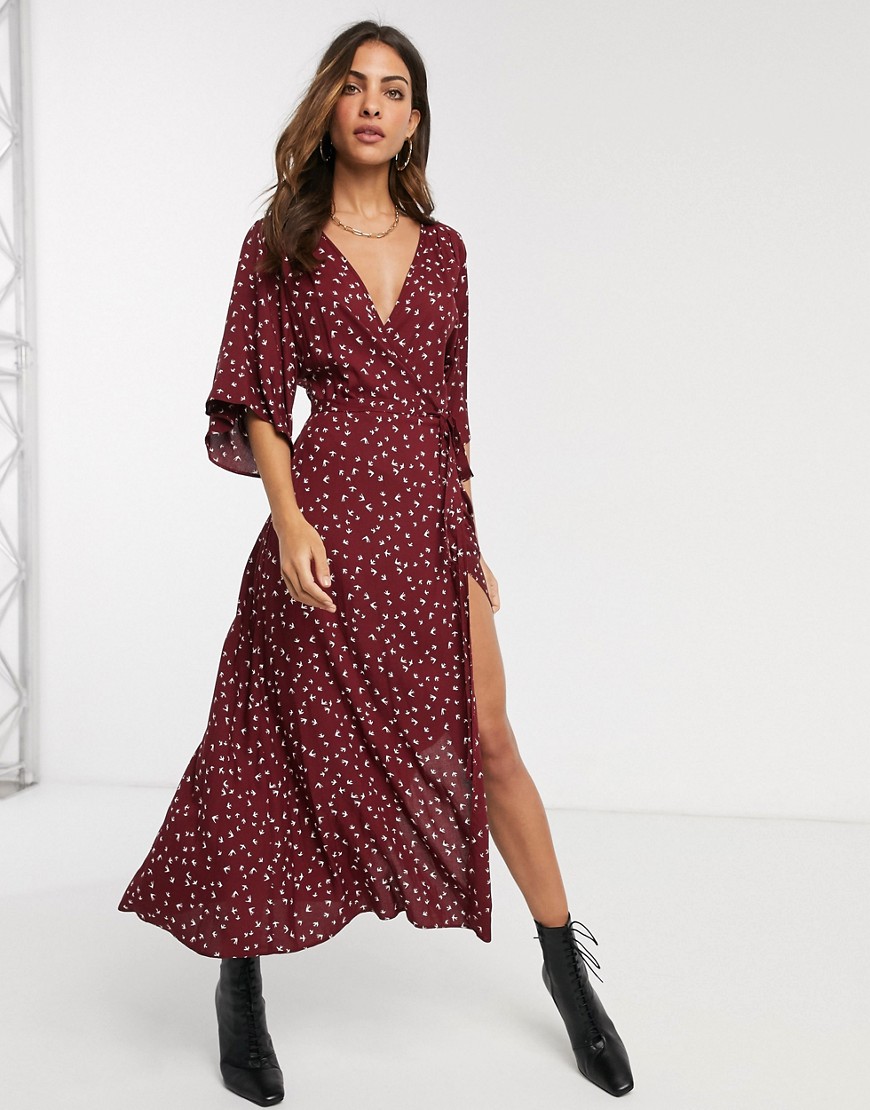 Liquorish wrap front midi dress with flutter sleeves in bird print-Red