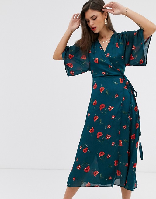 Liquorish wrap front midi dress with tie belt and flutter sleeves in teal floral