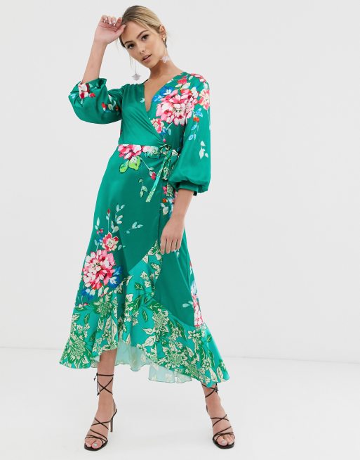 Liquorish wrap front midi tea dress in green floral print | ASOS