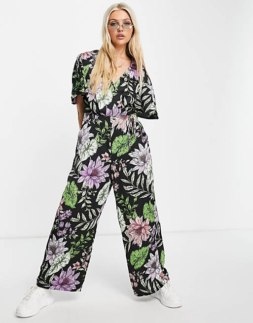 Liquorish wrap jumpsuit in tropical flower print