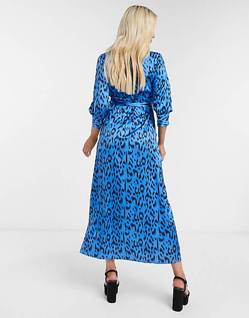 Liquorish wrap maxi dress in blue leopard print
