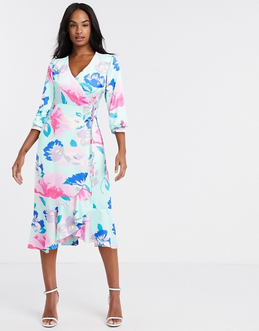 Liquorish wrap midaxi dress with cropped balloon sleeve in mint floral