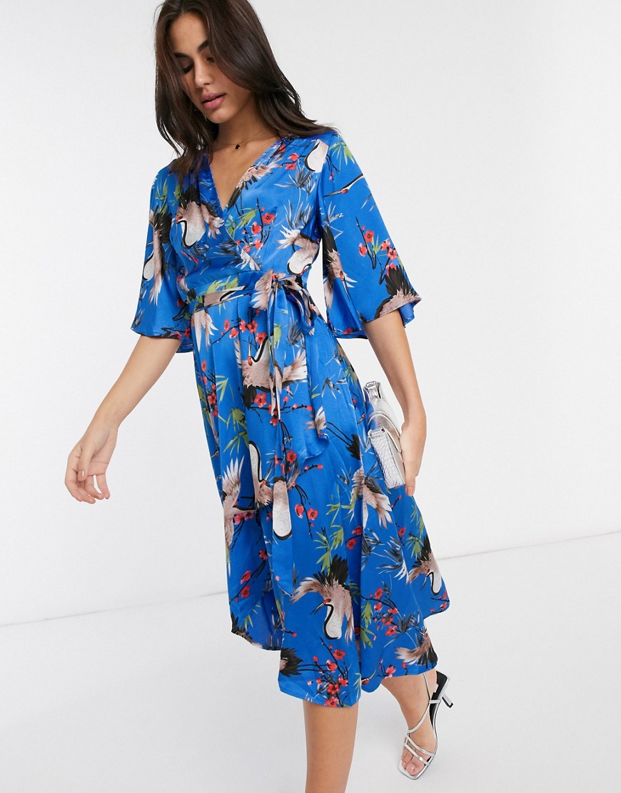Liquorish Wrap Midi Dress In Blue Bird Print With Kimono Sleeves | ModeSens