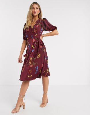 burgundy wrap midi dress